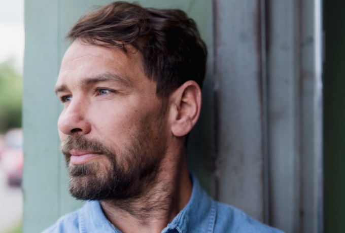Close up portrait of man pensive and thinking